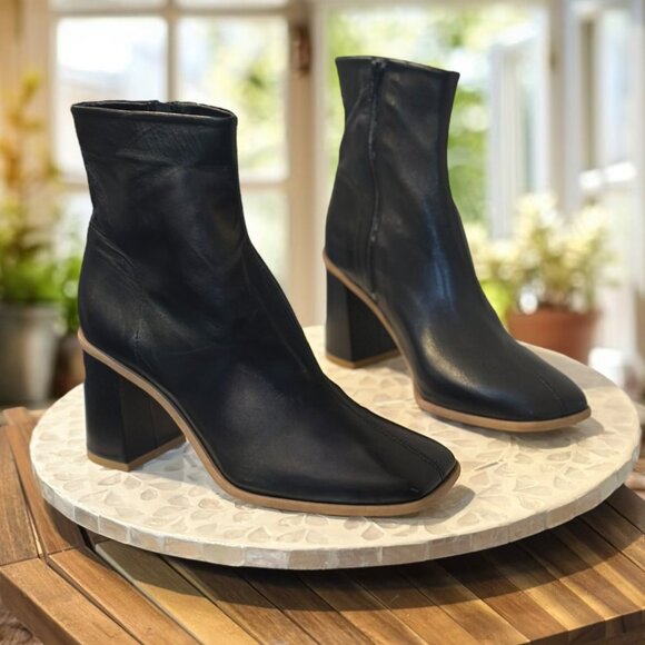 Free People Leather Sienna Ankle Boots Square Toe Block Heel Womens EU 38½ Black - Picture 1 of 11